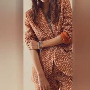 Free People 100% linen floral pant suit SET straight leg pants and blazer